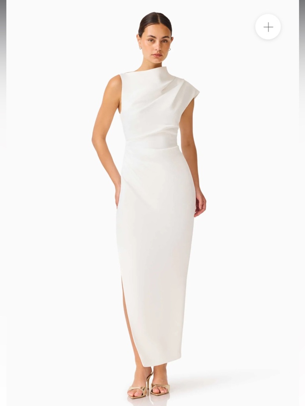 Elliatt coralie white sateen high neckline draped slit detail maxi dress medium - Picture 4 of 13